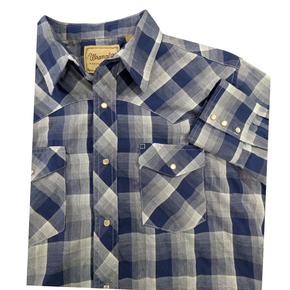 Wrangler Pearl Snap Long Sleeve Shirt Mens L Blue Plaid Western‎ Cowboy Rodeo